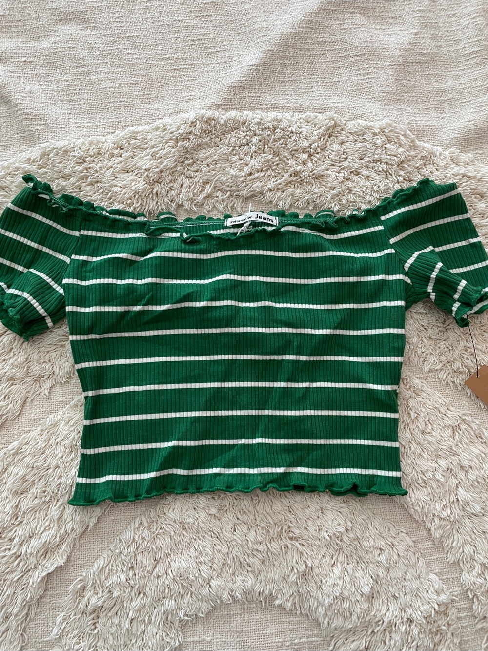 Nwt Reformation willet striped cropped off shoulder green white top size small